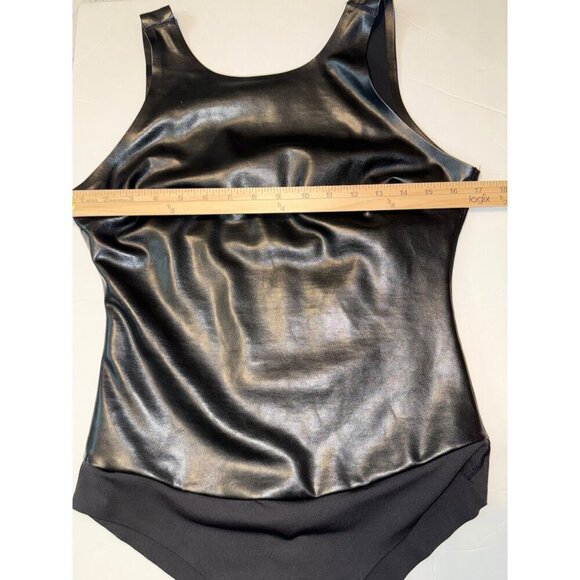 Pinsy Veegan Leather High Neck Shapewear Bodysuit Black Large Tiny Flaw - Picture 10 of 14